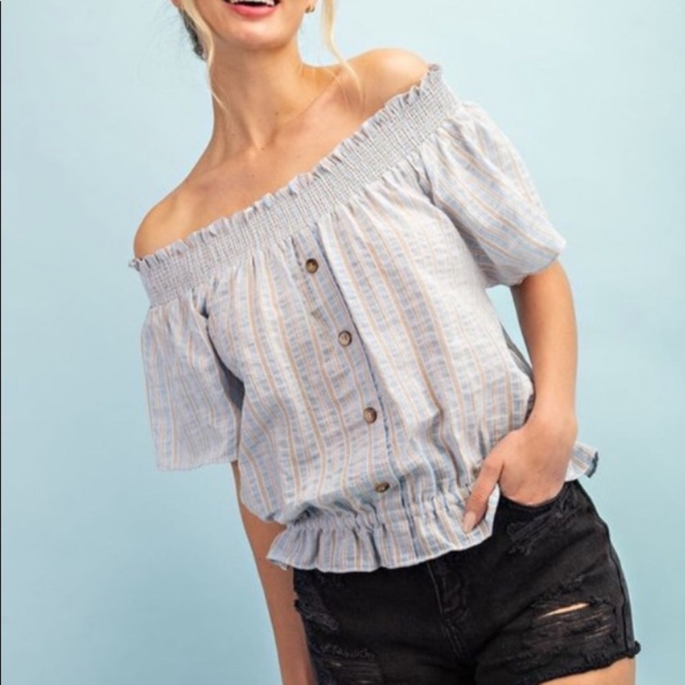Off The Shoulder Peplum Striped Top w/ faux buttons